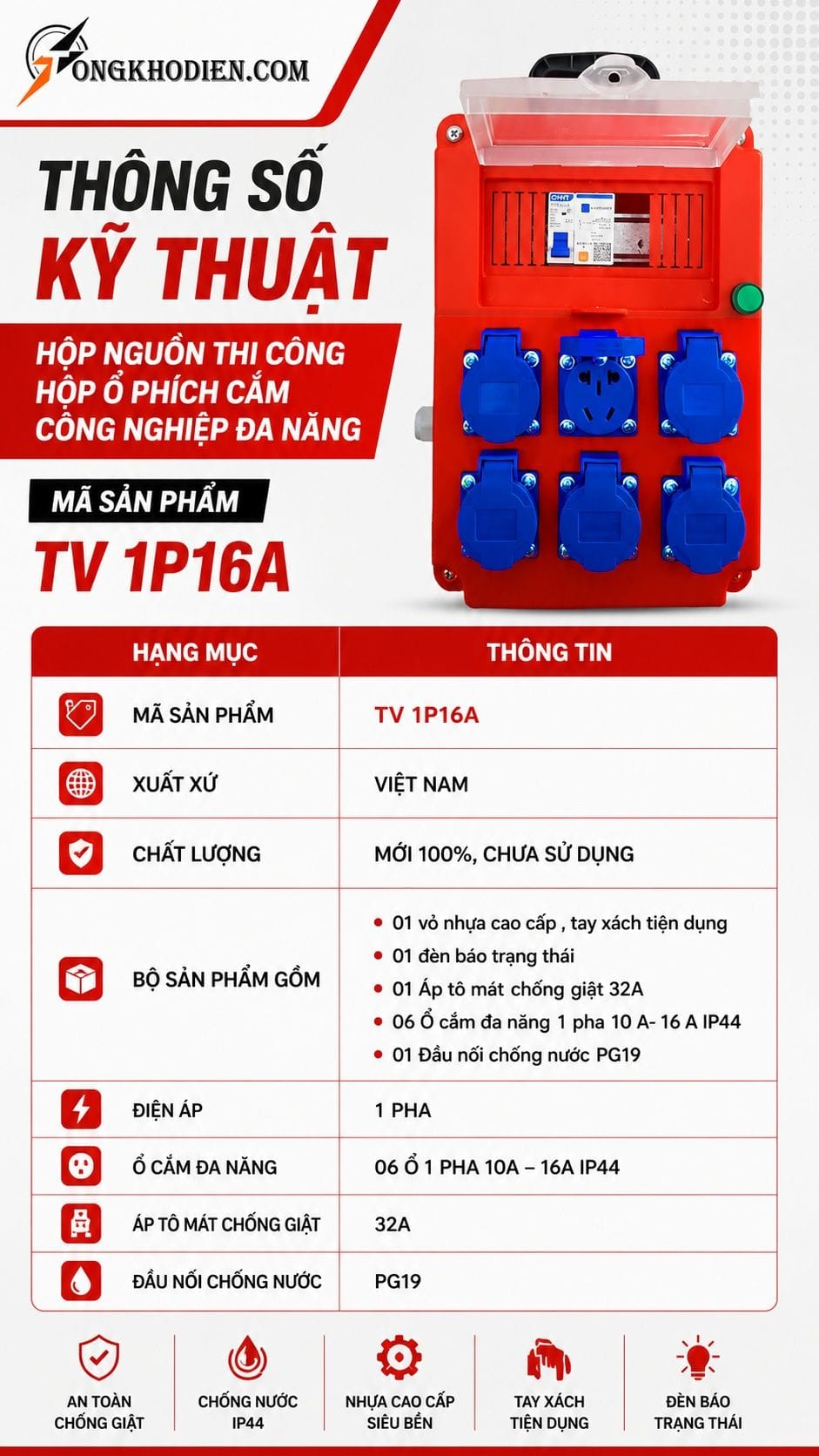 Hộp Ổ Phích Cắm Công Nghiệp Đa Năng TV 1P16A 8 Thông số kỹ thuật hộp ổ phích cắm công nghiệp đa năng