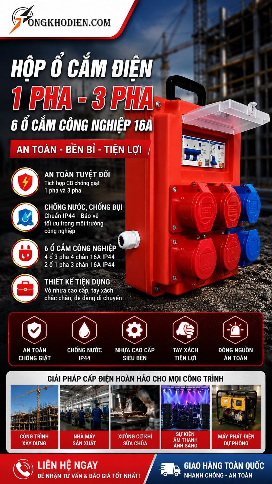 Hộp Ổ Cắm Điện 1 Pha 3 Pha 6 Ổ Cắm 16A 7 Hộp ổ cắm điện 1 pha 3 pha 6 ổ cắm công nghiệp 16A