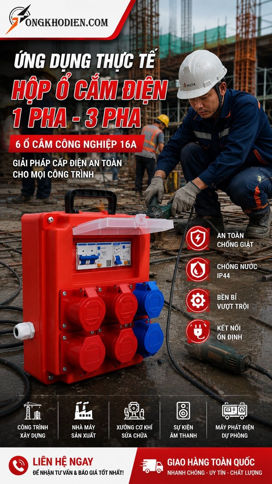 Hộp Ổ Cắm Điện 1 Pha 3 Pha 6 Ổ Cắm 16A 9 Ứng dụng thực tế hộp ổ cắm điện 1 pha 3 pha