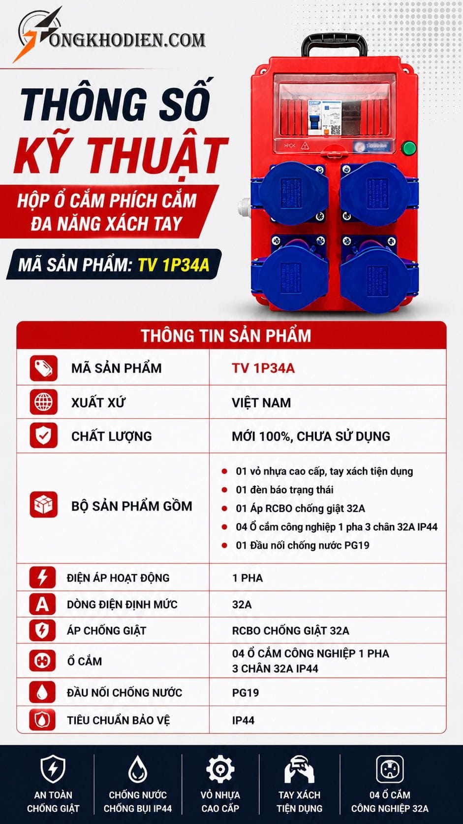 Hộp Ổ Cắm Phích Cắm Đa Năng Xách Tay 32A 8 Thông số kỹ thuật hộp ổ cắm phích cắm đa năng xách tay