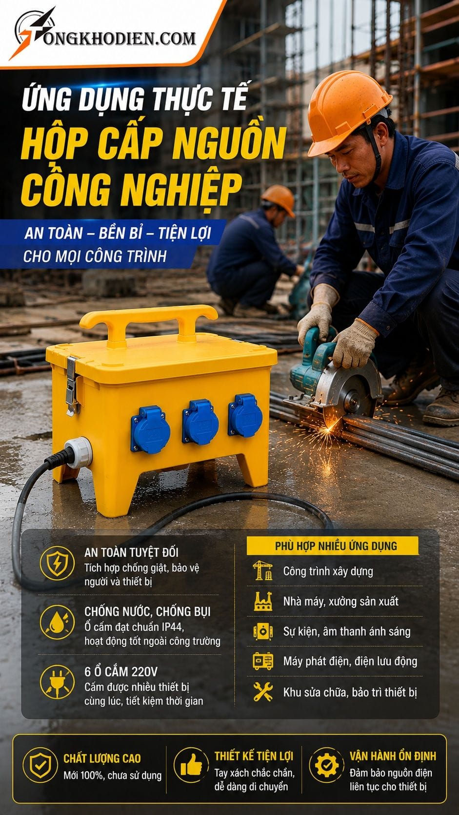 Hộp Tủ Điện Thi Công 1 Pha 6 Ổ Cắm 220V 9 Ứng dụng thực tế hộp tủ điện thi công 1 pha