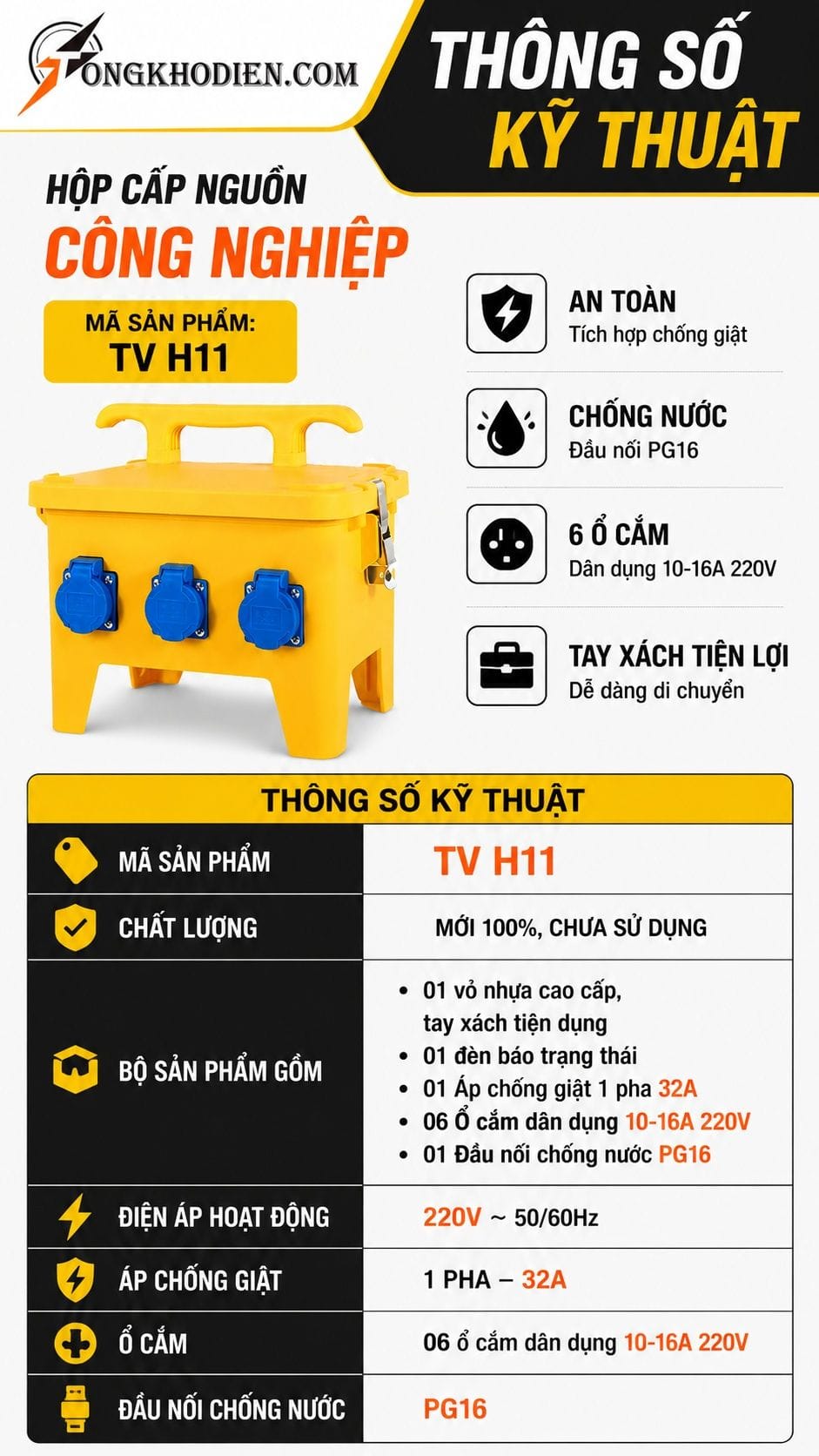 Hộp Tủ Điện Thi Công 1 Pha 6 Ổ Cắm 220V 8 Thông số kỹ thuật hộp tủ điện thi công 1 pha