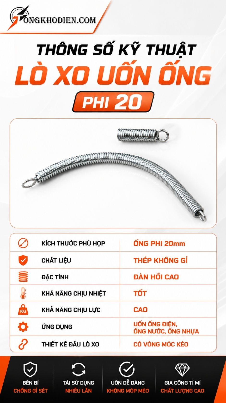 Lò Xo Uốn Ống Phi 20 Thép Không Gỉ Đàn Hồi Cao 6 Thông số kỹ thuật lò xo uốn ống phi 20