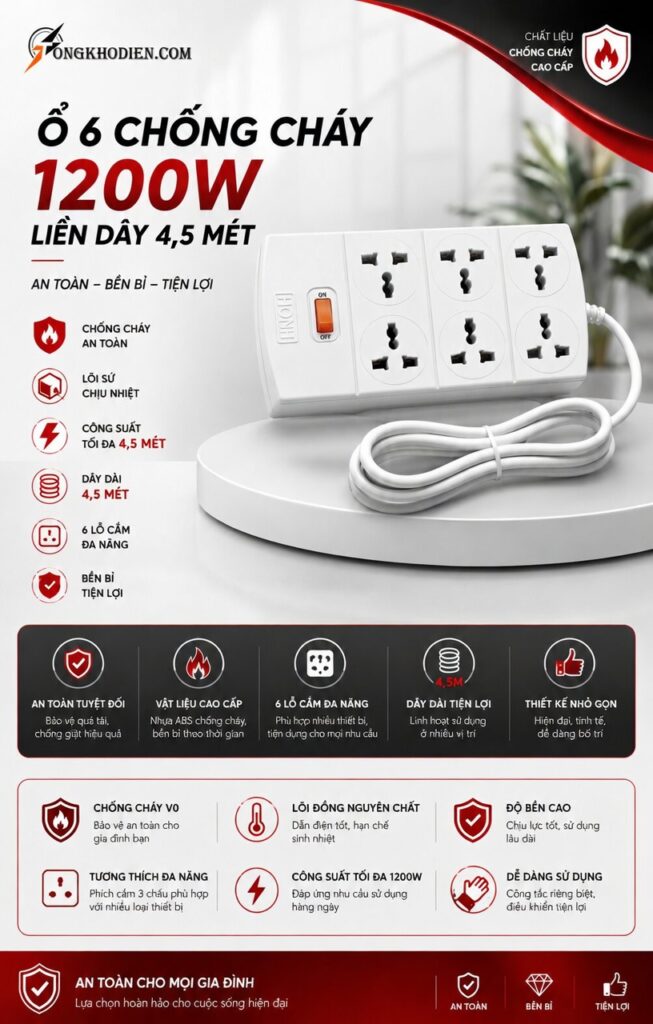 ổ 6 chống cháy 1200W liền dây 4 Mét Rưỡi – An Toàn, Tiện Lợi, Dùng Bền 8 ổ 6 chống cháy 1200W liền dây 4 Mét Rưỡi