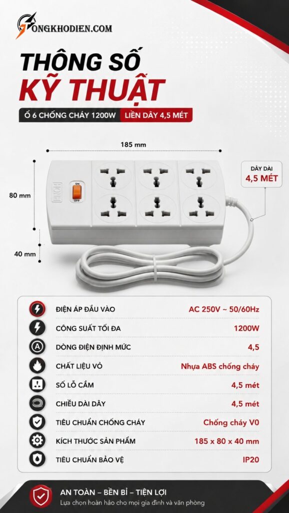 ổ 6 chống cháy 1200W liền dây 4 Mét Rưỡi – An Toàn, Tiện Lợi, Dùng Bền 9 ổ 6 chống cháy 1200W liền dây 4 Mét Rưỡi