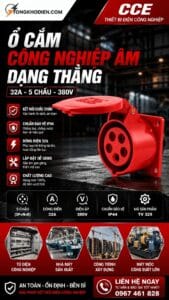 Ổ cắm công nghiệp âm dạng thẳng 32A 5 chấu 380V CCE 7 Ổ cắm công nghiệp gắn âm dạng thẳng 32A 5 chấu 380V chống nước, chuyên dùng cho hệ thống điện 3 pha an toàn và ổn định.