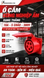 Ổ cắm công nghiệp âm dạng thẳng 16A 5 chấu 380V TCE 7 Ổ cắm công nghiệp gắn âm dạng thẳng 16A 5 chấu 380V chống nước, chuyên dùng cho hệ thống điện 3 pha an toàn và ổn định.