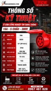 Ổ cắm công nghiệp âm dạng thẳng 16A 5 chấu 380V TCE 8 Ổ cắm công nghiệp gắn âm dạng thẳng 16A 5 chấu 380V chống nước, chuyên dùng cho hệ thống điện 3 pha an toàn và ổn định.