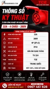 Ổ cắm công nghiệp âm dạng thẳng 32A 4 chấu 380V TCE 8 Ổ cắm công nghiệp gắn âm dạng thẳng 32A 4 chấu 380V chống nước, chuyên dùng cho hệ thống điện 3 pha an toàn và ổn định.