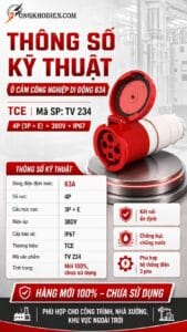 Ổ cắm công nghiệp di động 63A 4 chấu TCE TV 234 8 Ổ cắm điện công nghiệp 3 pha 63A 4 chấu IP67 chống bụi chống nước