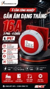 Ổ cắm công nghiệp gắn âm dạng thẳng 16A IP67 7 Ổ cắm công nghiệp gắn âm dạng thẳng 16A 3 pha 4 chấu IP67 chống nước, chuyên dùng cho hệ thống điện công nghiệp 380V an toàn và bền bỉ.