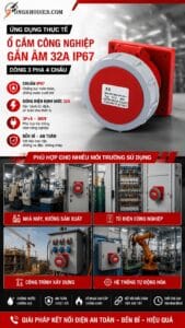 Ổ cắm công nghiệp gắn âm 32A IP67 3 pha 4 chấu TCE 9 Ổ cắm âm công nghiệp 32A 4P 380V IP67 chống bụi chống nước
