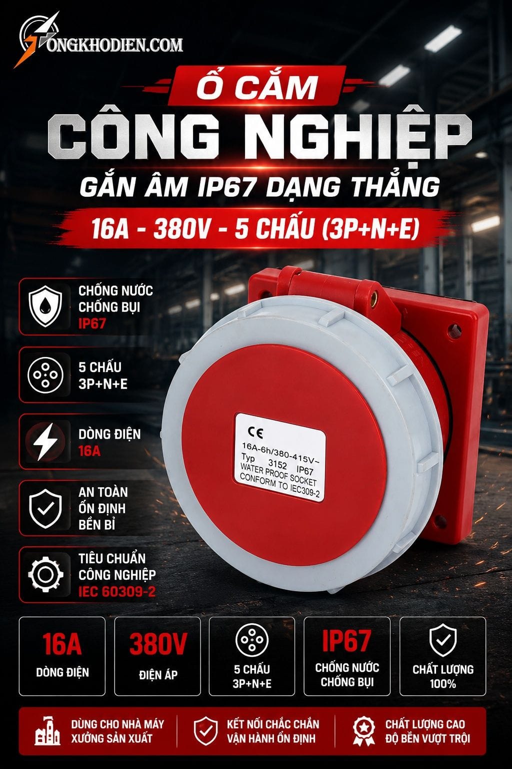 Ổ cắm công nghiệp gắn âm IP67 dạng thẳng 16A 380V 5 chấu