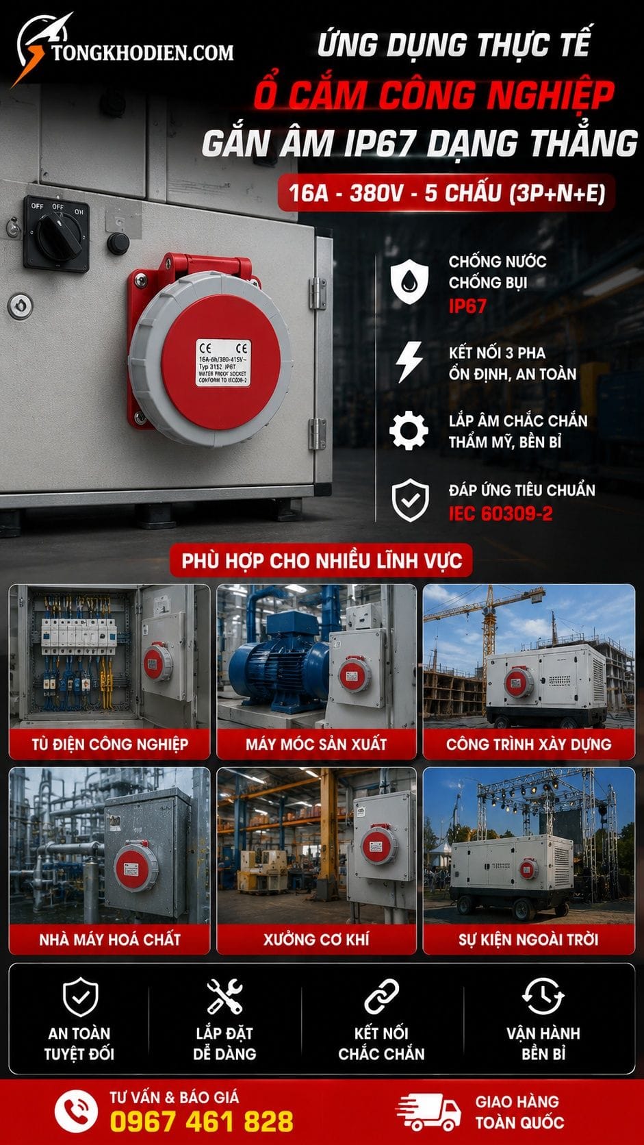 Ứng dụng thực tế ổ cắm công nghiệp gắn âm IP67 16A 380V