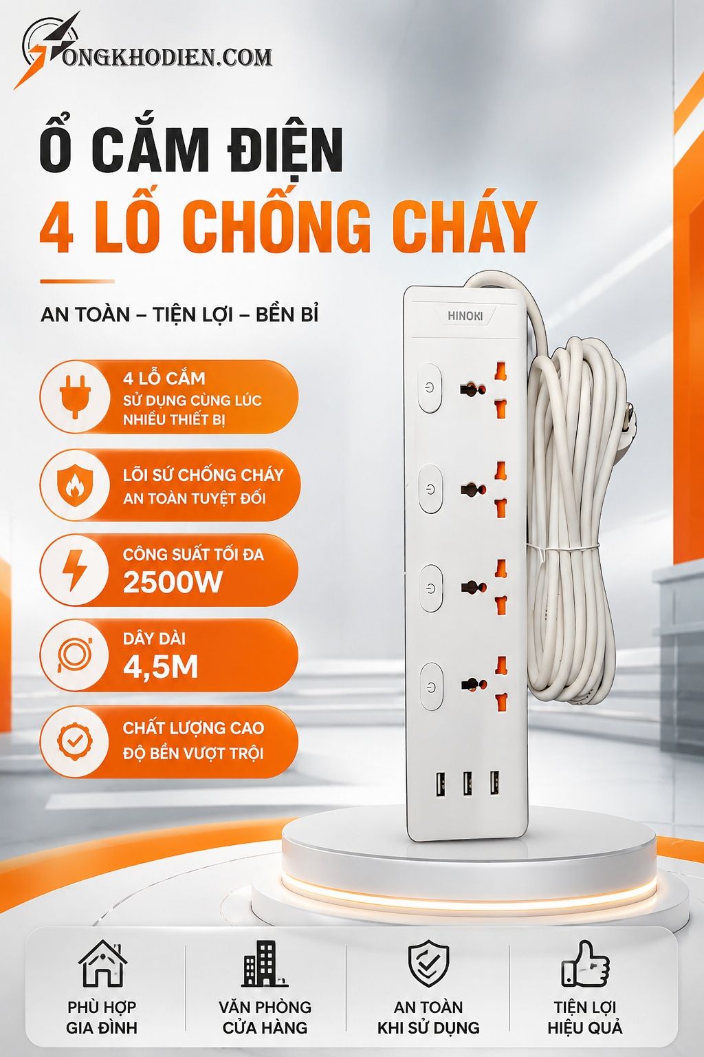 Ổ Cắm Điện Chống Cháy 4 Lỗ Dây Dài 4.5m An Toàn 6 Ổ cắm điện 4 lỗ chống cháy 2500W dây dài 4.5m