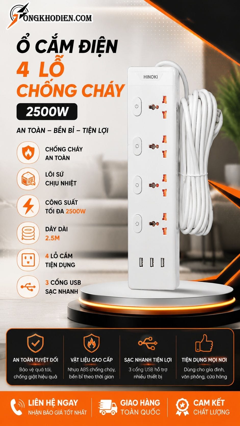 Ổ cắm điện 4 lỗ chống cháy 2500W
