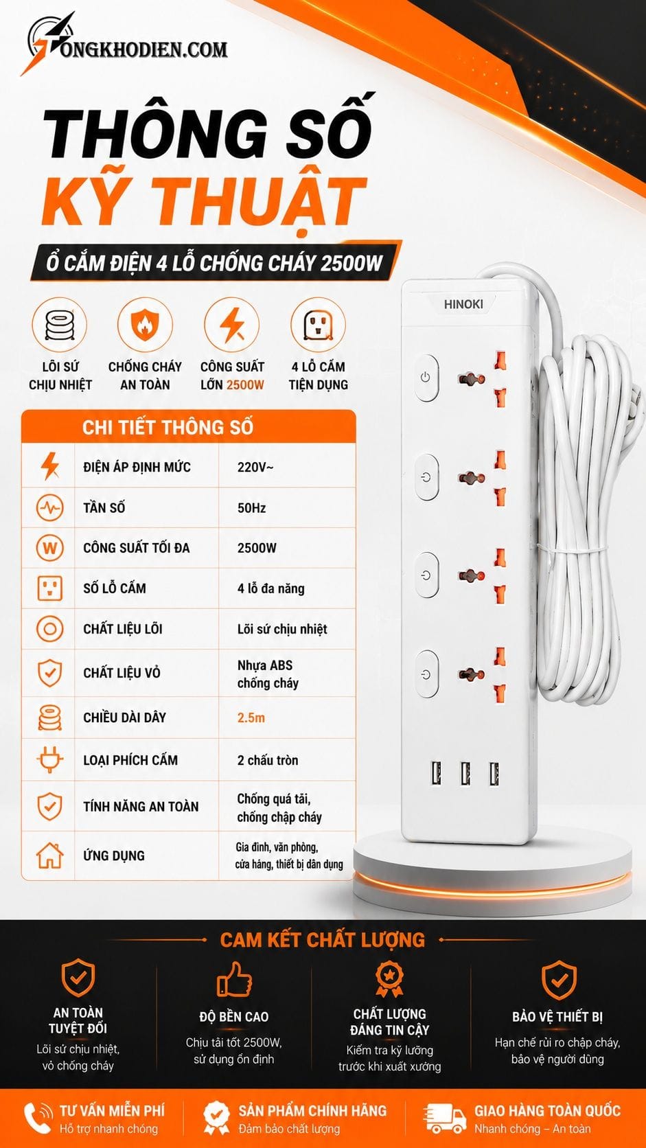 Thông số kỹ thuật ổ cắm điện 4 lỗ chống cháy 2500W