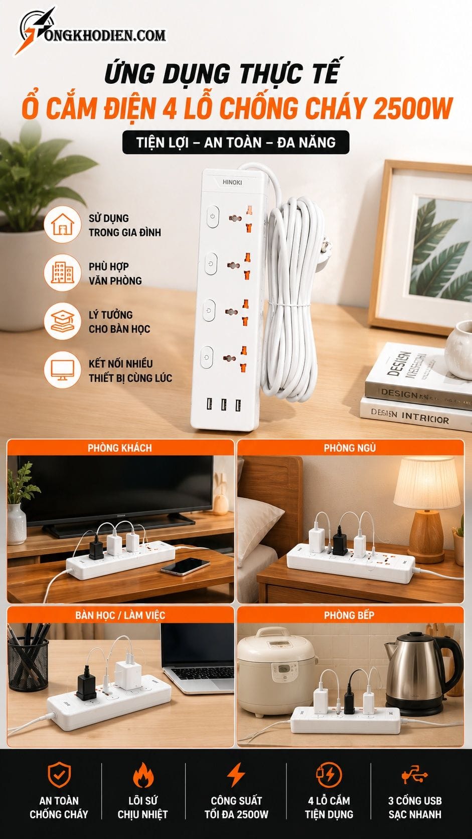 Ứng dụng thực tế ổ cắm điện 4 lỗ chống cháy 2500W