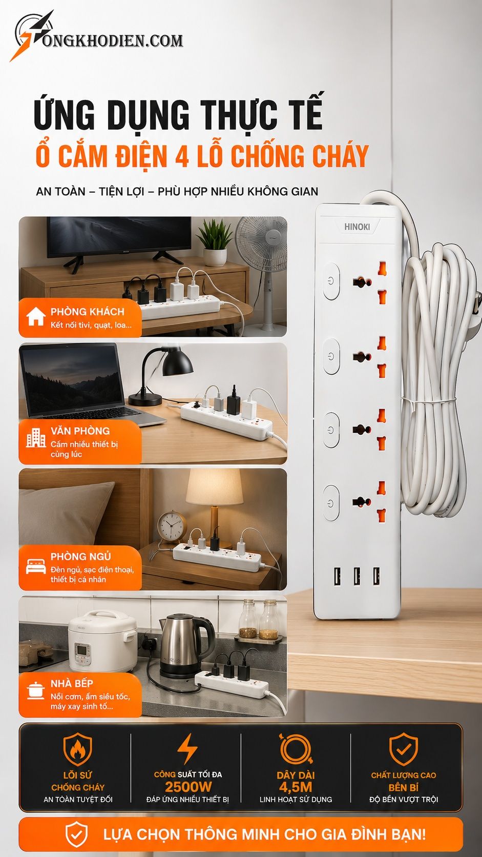 Ổ Cắm Điện Chống Cháy 4 Lỗ Dây Dài 4.5m An Toàn 8 Ứng dụng thực tế ổ cắm điện 4 lỗ chống cháy
