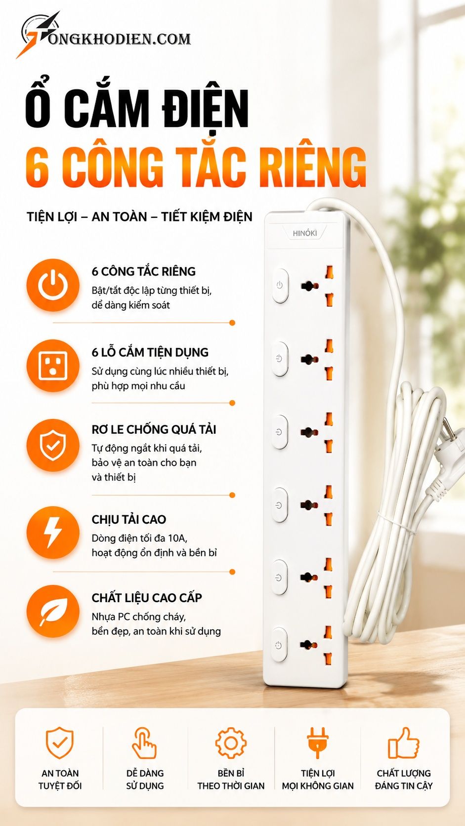 Ổ Cắm Điện 6 Công Tắc Riêng Dây Dài 4,5m 6 Ổ cắm điện 6 công tắc riêng dây dài 4.5m