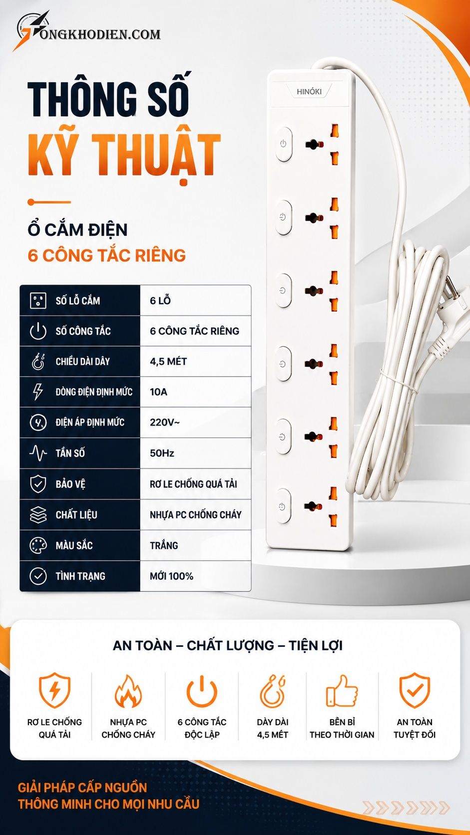 Ổ Cắm Điện 6 Công Tắc Riêng Dây Dài 4,5m 7 Thông số kỹ thuật ổ cắm điện 6 công tắc riêng