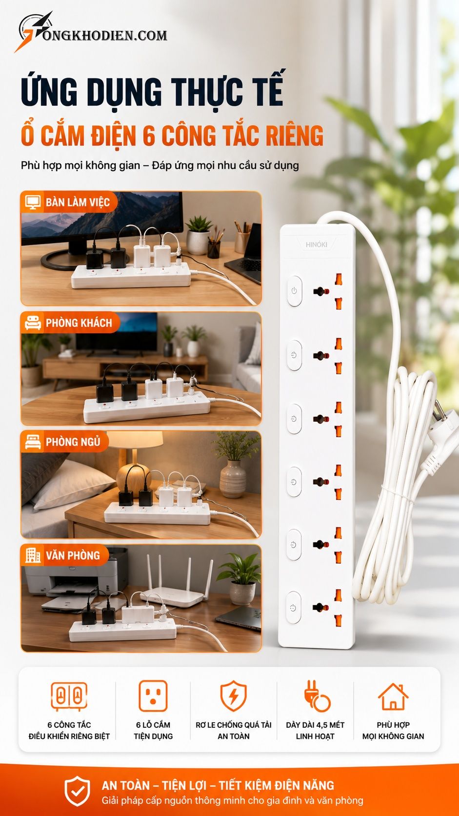 Ổ Cắm Điện 6 Công Tắc Riêng Dây Dài 4,5m 8 Ứng dụng thực tế ổ cắm điện 6 công tắc riêng