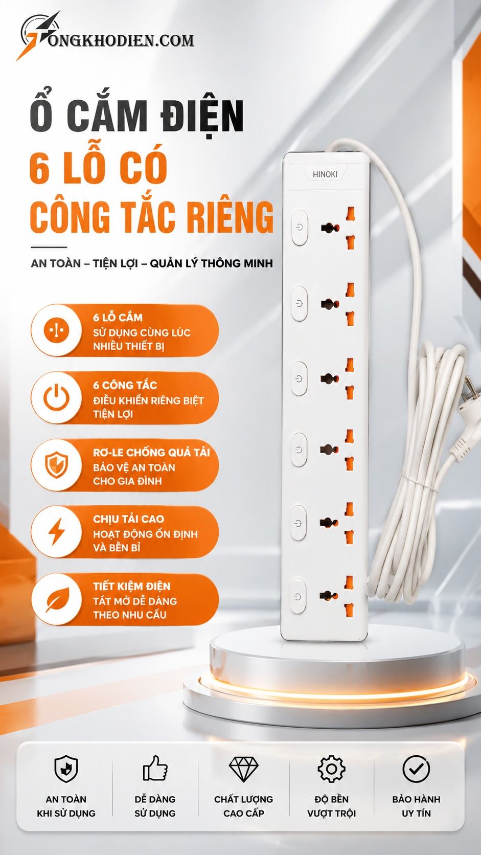 Ổ cắm điện 6 lỗ có công tắc riêng chống quá tải