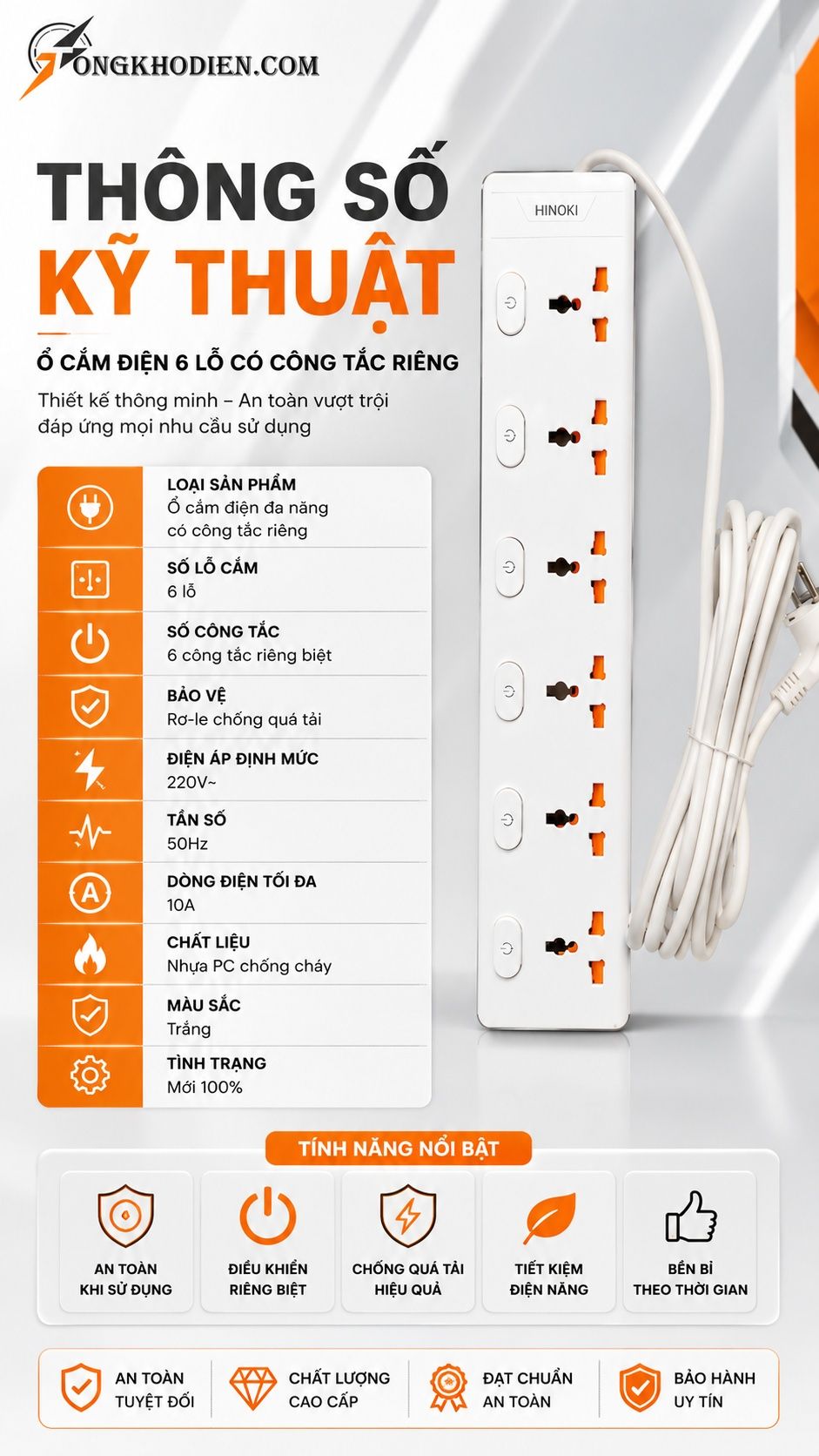 Thông số kỹ thuật ổ cắm điện 6 lỗ có công tắc riêng