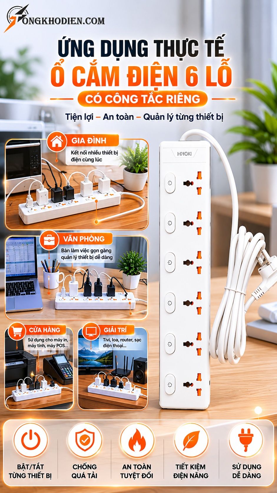 Ứng dụng thực tế ổ cắm điện 6 lỗ có công tắc riêng