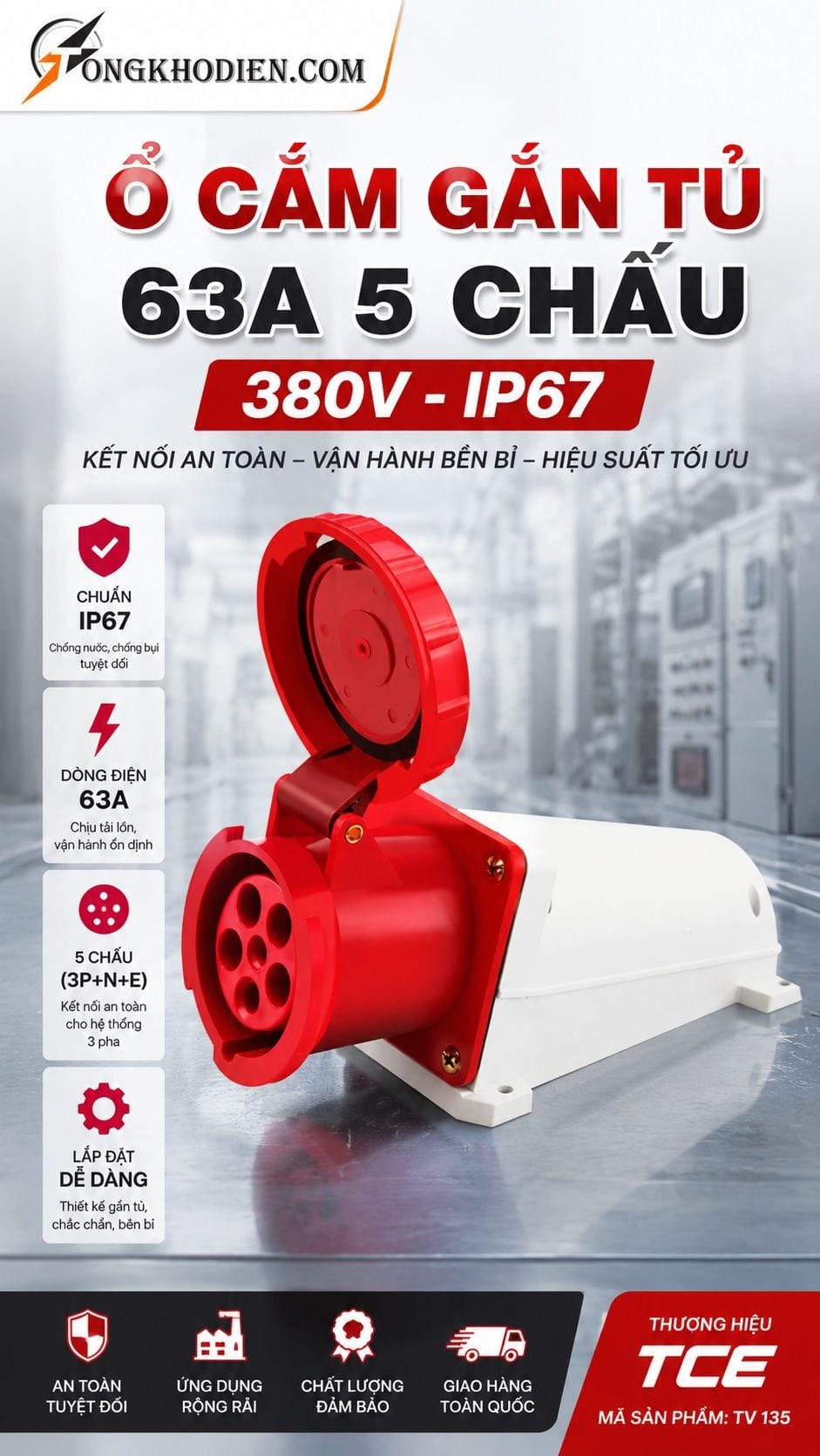 Ổ cắm gắn tủ 63A 5 chấu 380V IP67 TV 135