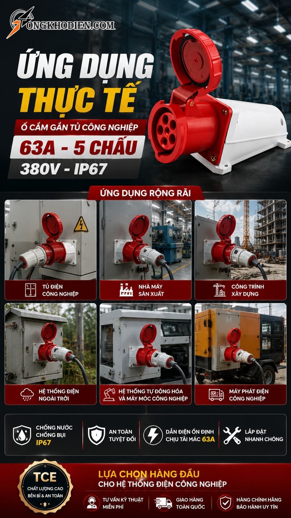 Ứng dụng thực tế ổ cắm gắn tủ 63A 5 chấu 380V IP67