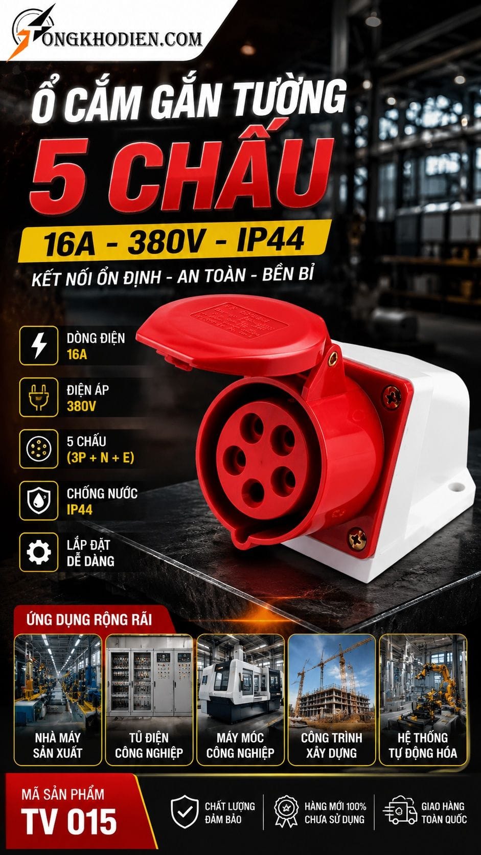 Ổ cắm gắn tủ 16A 5 chấu 380V IP44 TEE TV015
