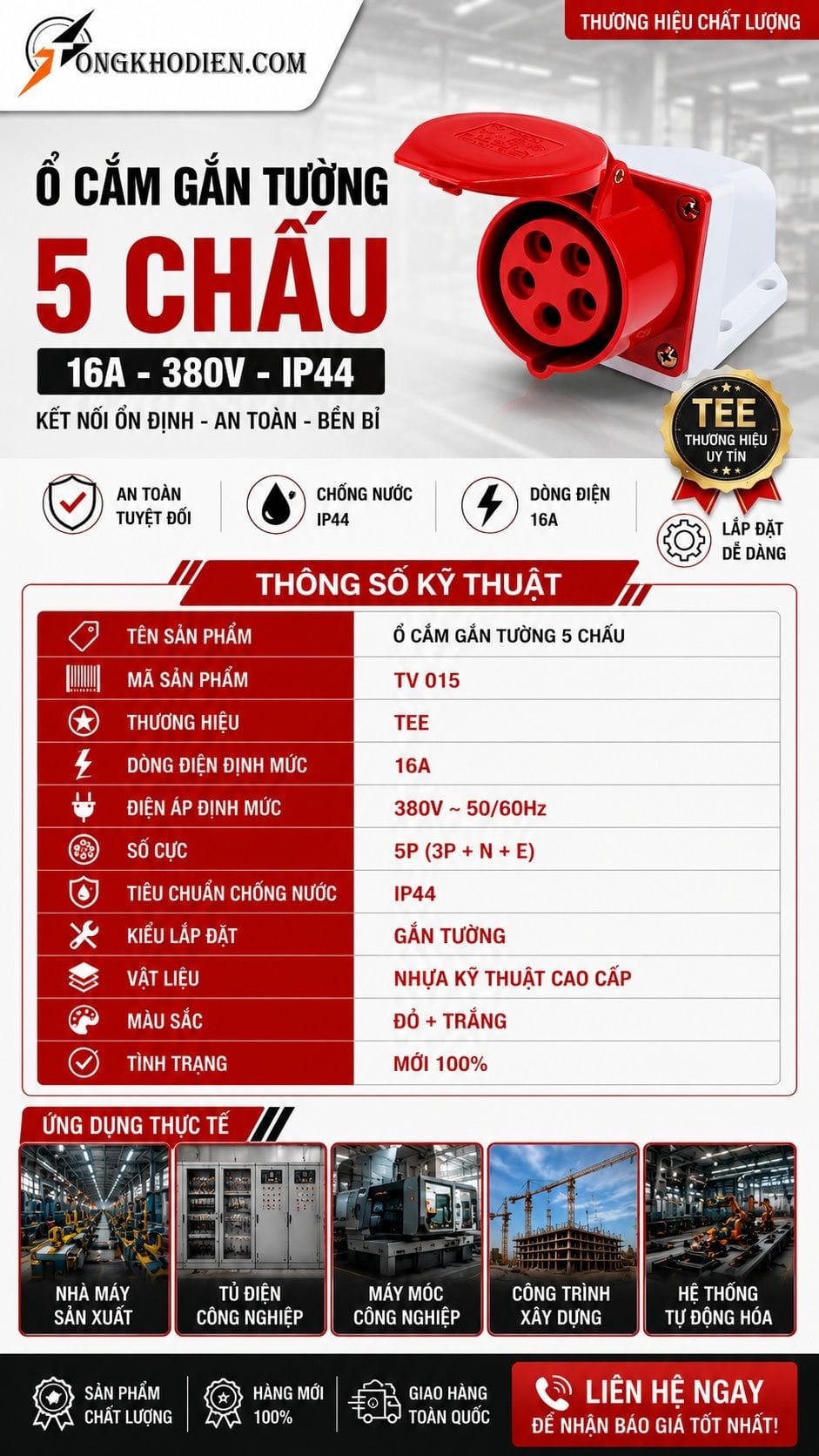 Thông số kỹ thuật ổ cắm gắn tủ 16A 5 chấu 380V IP44 TEE TV015