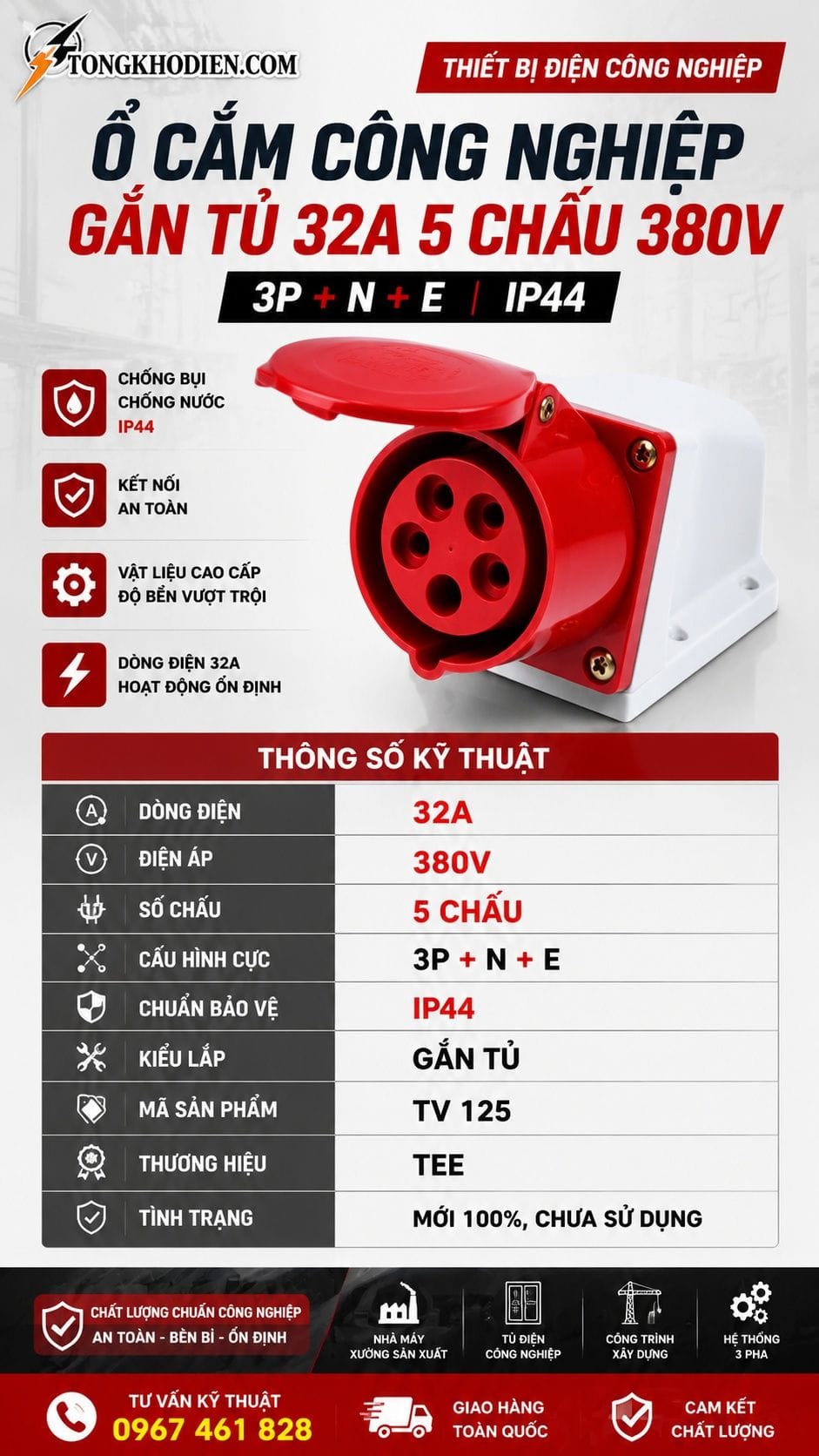 Ổ cắm công nghiệp gắn tủ 32A 5 chấu 380V TEE 8 Thông số kỹ thuật ổ cắm công nghiệp gắn tủ 32A 5 chấu 380V