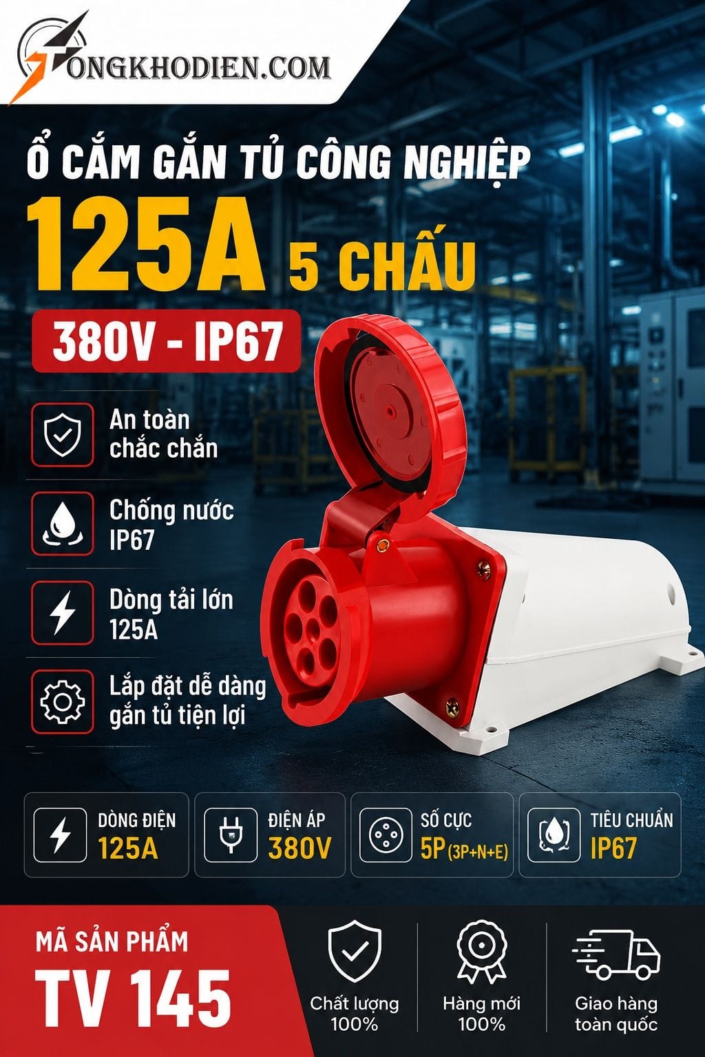 Ổ cắm gắn tủ 125A 5 chấu 380V IP67 TCE