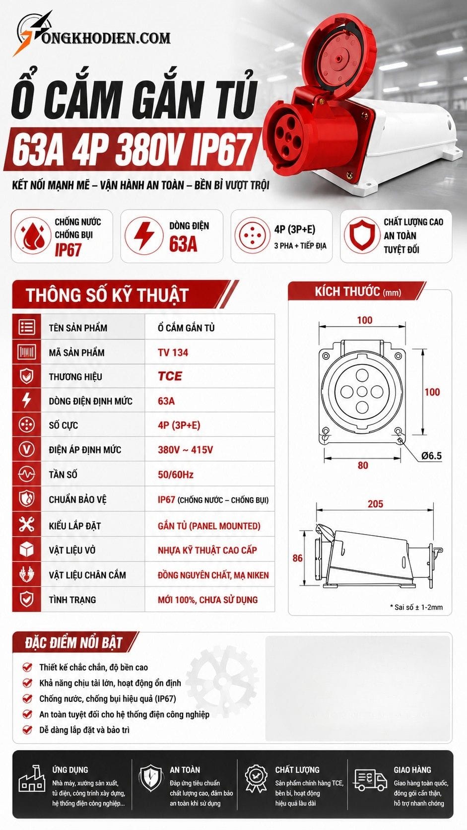 Thông số kỹ thuật ổ cắm gắn tủ 63A 4 chấu 380V IP67