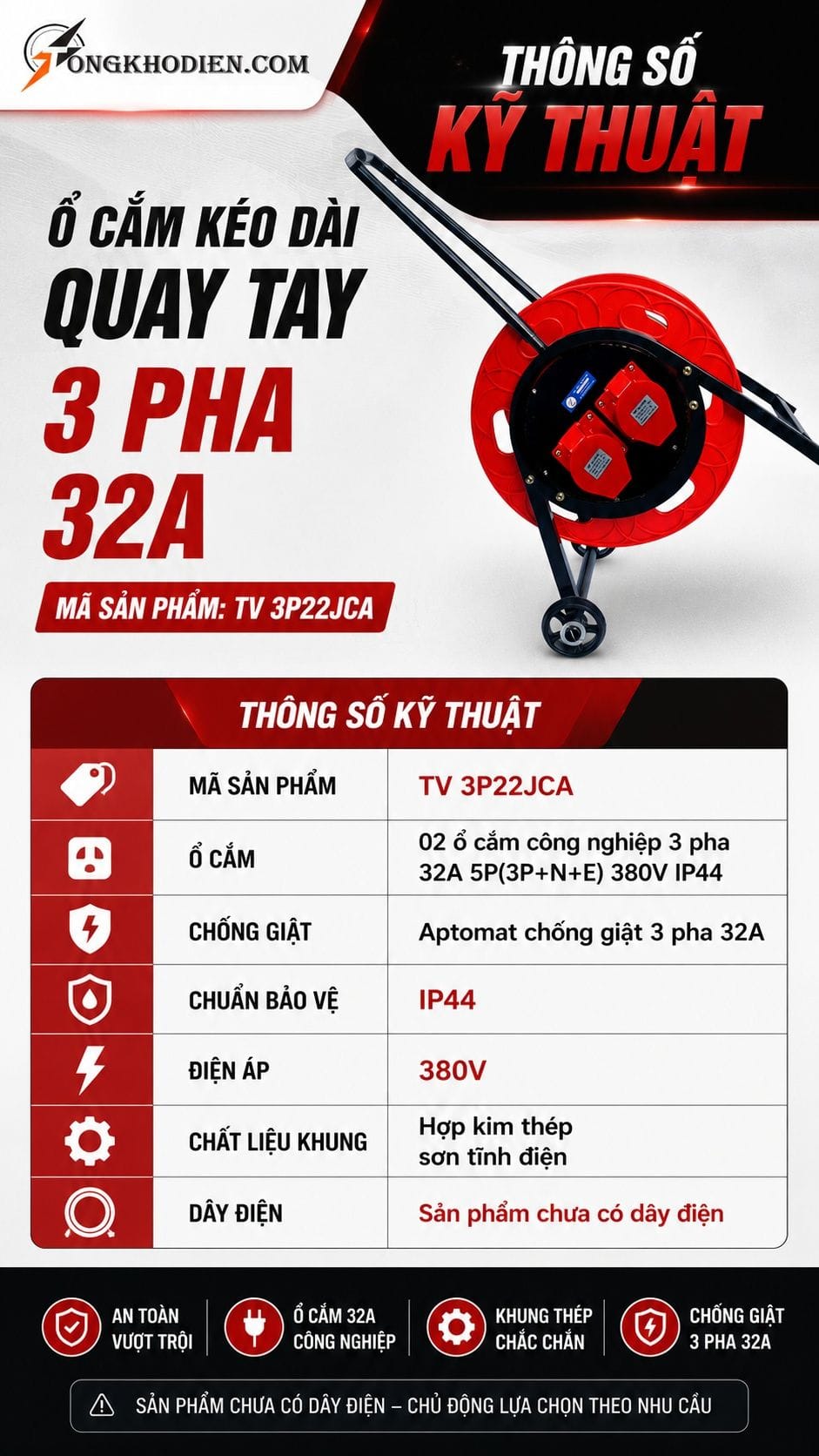 Ổ Cắm Kéo Dài Quay Tay 3 Pha 32A Công Nghiệp 8 Thông số kỹ thuật ổ cắm kéo dài quay tay 3 pha
