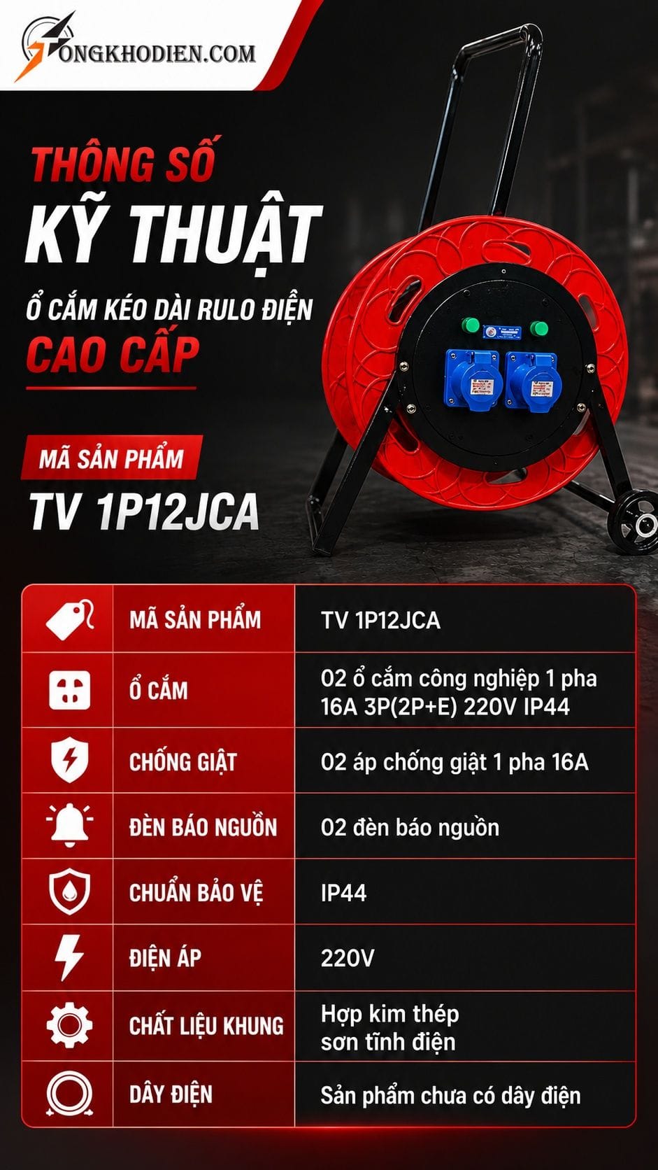 Ổ Cắm Kéo Dài Rulo Điện Cao Cấp Chống Giật 8 Thông số kỹ thuật ổ cắm kéo dài rulo điện cao cấp