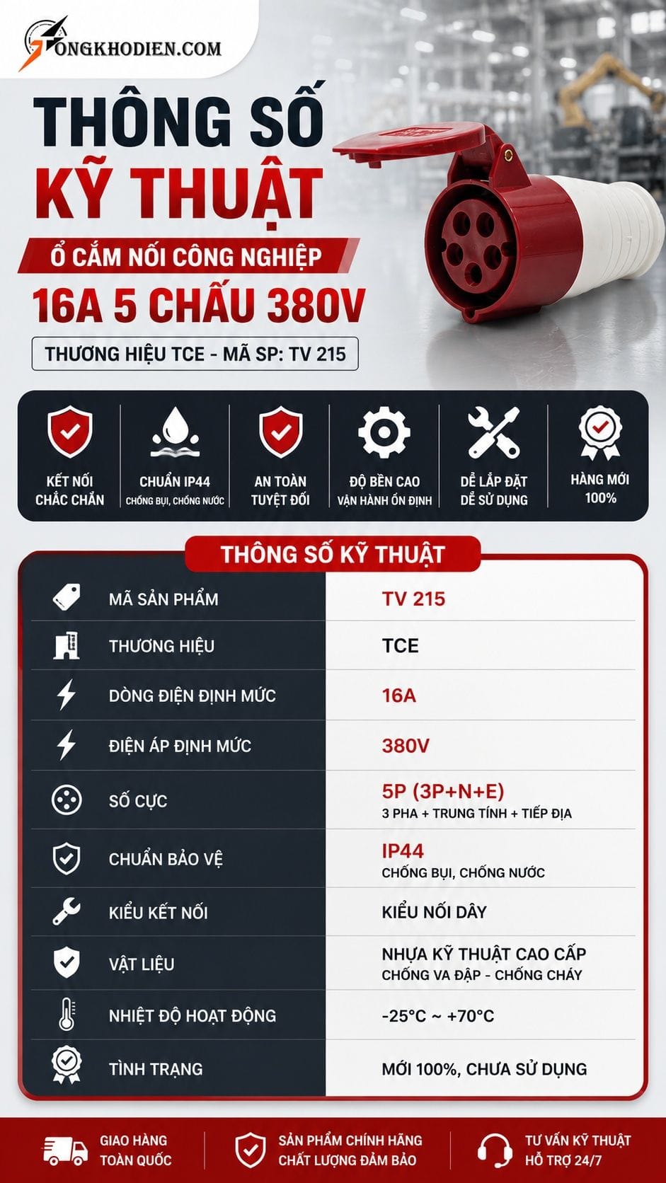 Ổ Cắm Nối 16A 5 Chấu 380V TCE IP44 8 Thông số kỹ thuật ổ cắm nối 16A 5 chấu 380V