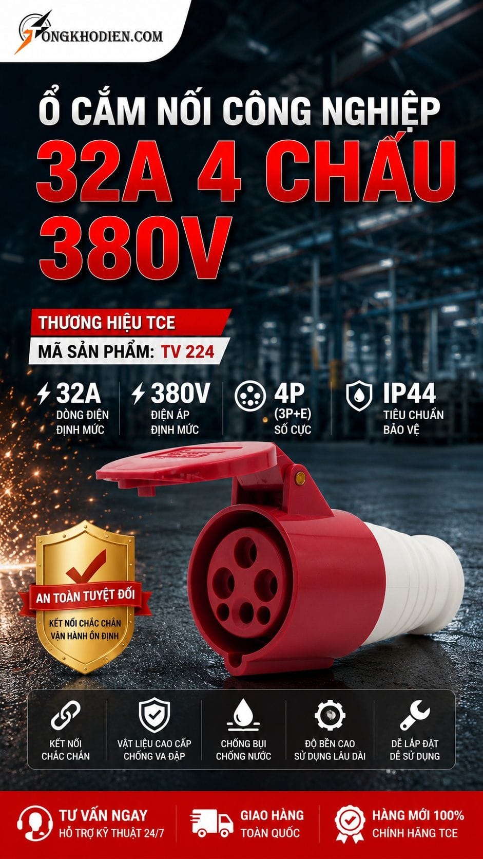 Ổ Cắm Nối 32A 4 Chấu 380V TCE IP44 7 Ổ cắm nối 32A 4 chấu 380V TCE TV 224