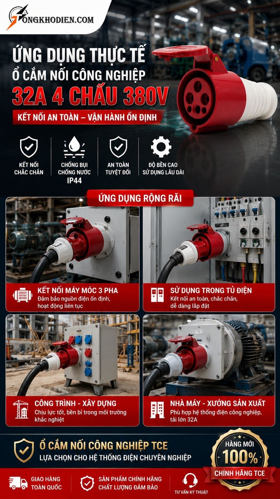 Ổ Cắm Nối 32A 4 Chấu 380V TCE IP44 9 Ứng dụng thực tế ổ cắm nối 32A 4 chấu 380V