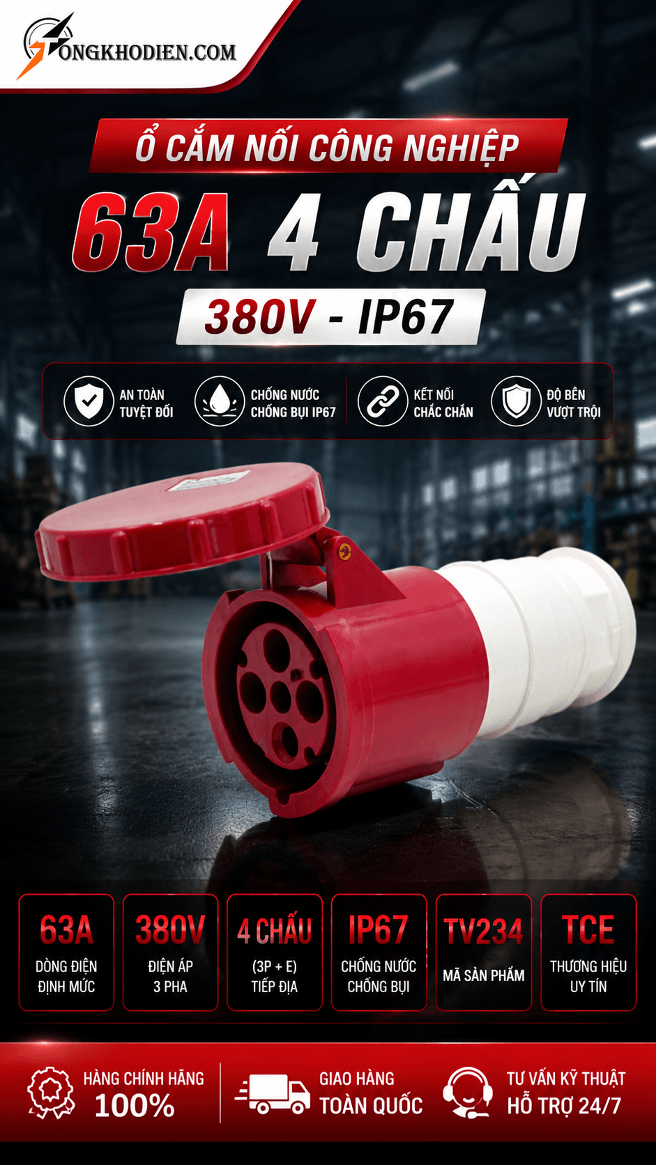 Ổ Cắm Nối Công Nghiệp 63A 5 Chấu 380V IP67 7 Ổ cắm nối công nghiệp 63A 5 chấu 380V IP67 TCE