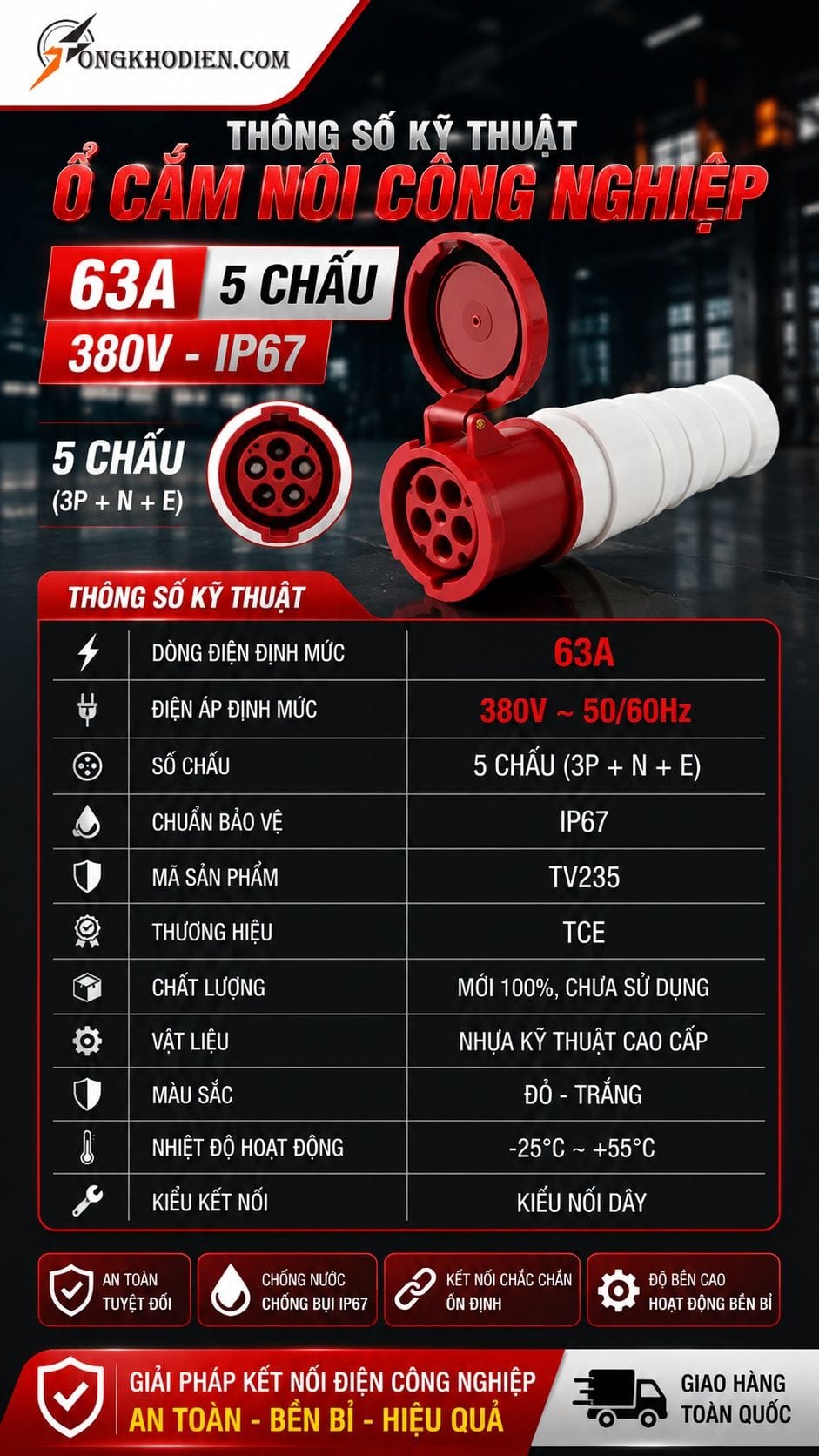 Ổ Cắm Nối Công Nghiệp 63A 5 Chấu 380V IP67 8 Thông số kỹ thuật ổ cắm nối công nghiệp 63A 5 chấu 380V