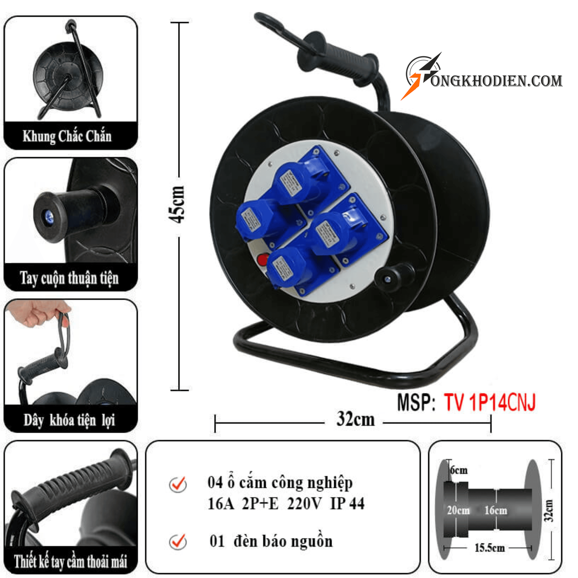 ổ cắm quay tay rulo công nghiệp 1 pha 4 ổ cắm 16A 2 ổ cắm quay tay rulo công nghiệp 1 pha 4 ổ cắm 16A