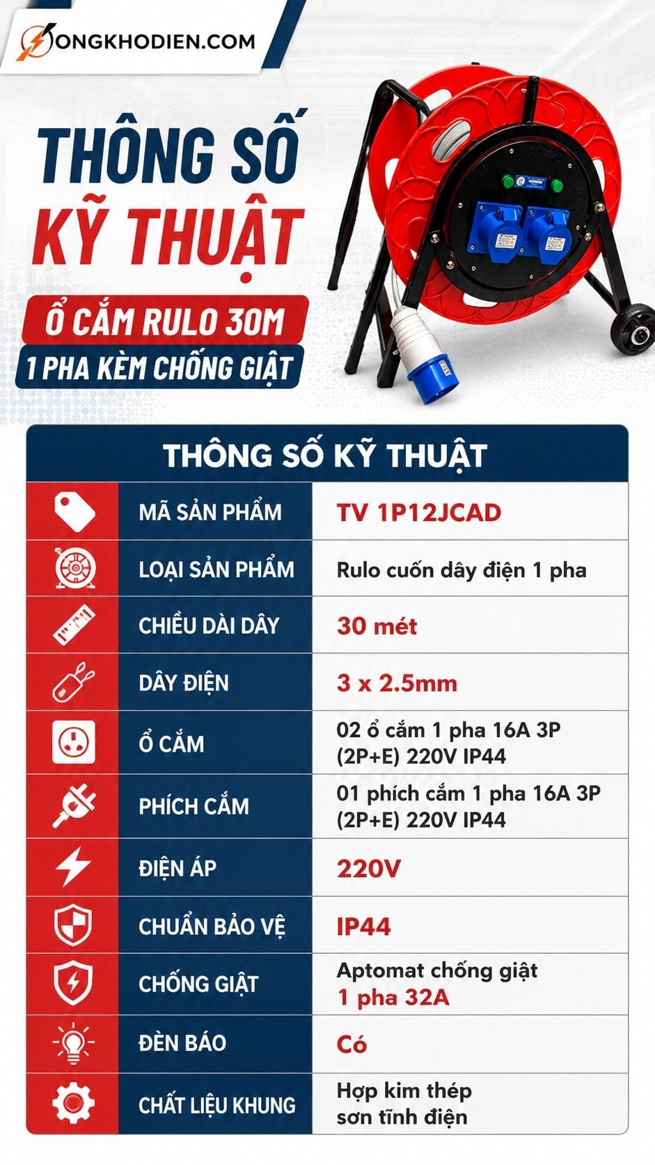 Thông số kỹ thuật ổ cắm rulo 30m 1 pha