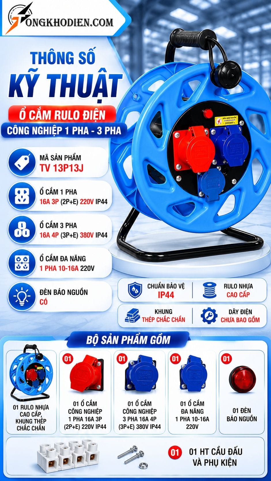 Ổ Cắm Rulo Điện Công Nghiệp 1 Pha 3 Pha 7 Thông số kỹ thuật ổ cắm rulo điện công nghiệp 1 pha 3 pha