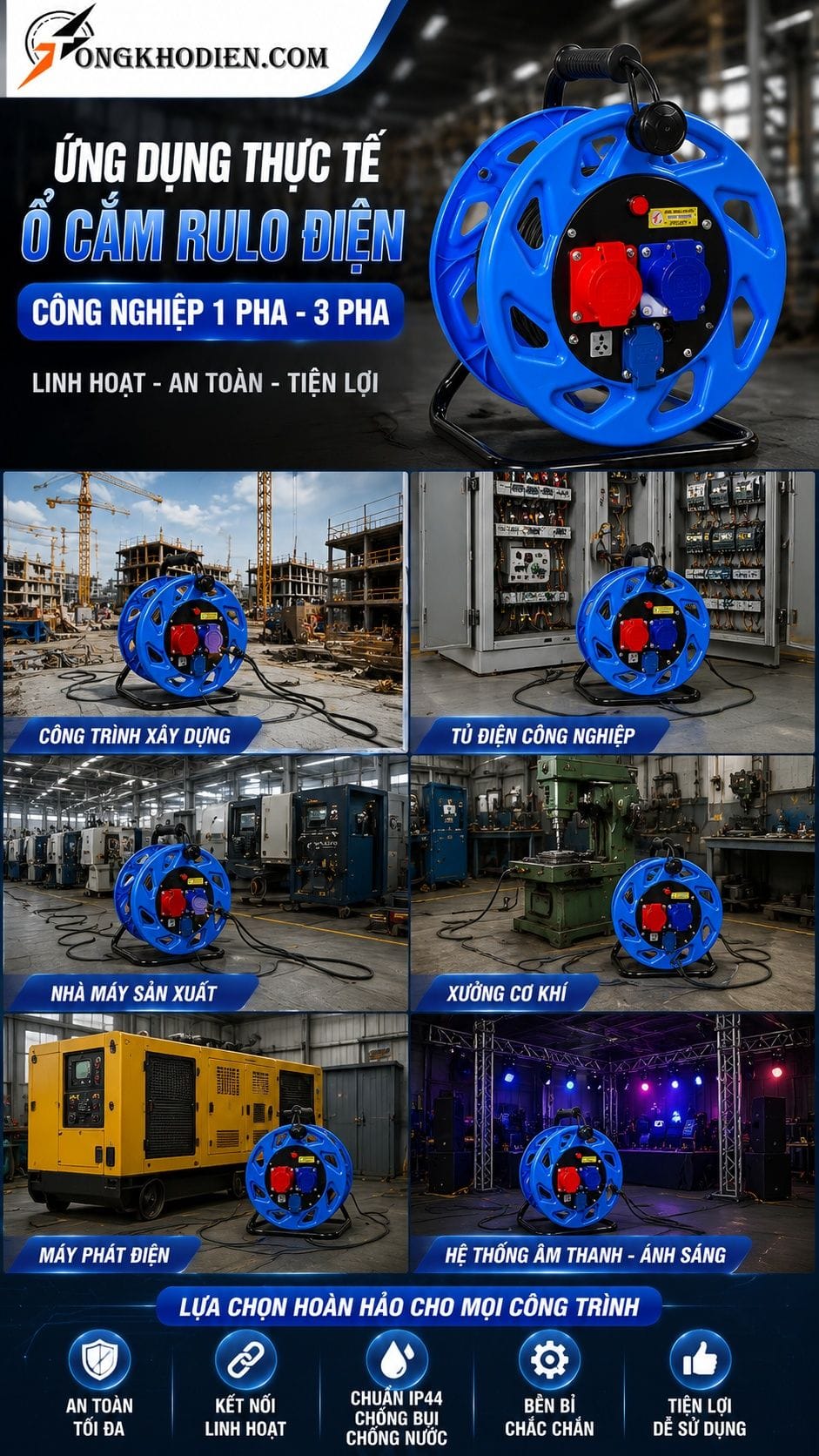 Ổ Cắm Rulo Điện Công Nghiệp 1 Pha 3 Pha 8 Ứng dụng thực tế ổ cắm rulo điện công nghiệp 1 pha 3 pha