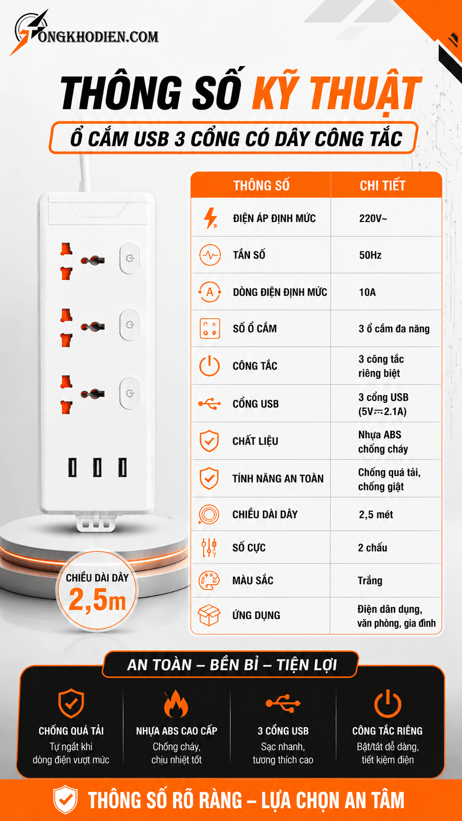 Ổ Cắm USB 3 Cổng Có Dây Công Tắc Tiện Lợi 7 Thông số kỹ thuật ổ cắm USB 3 cổng có dây công tắc