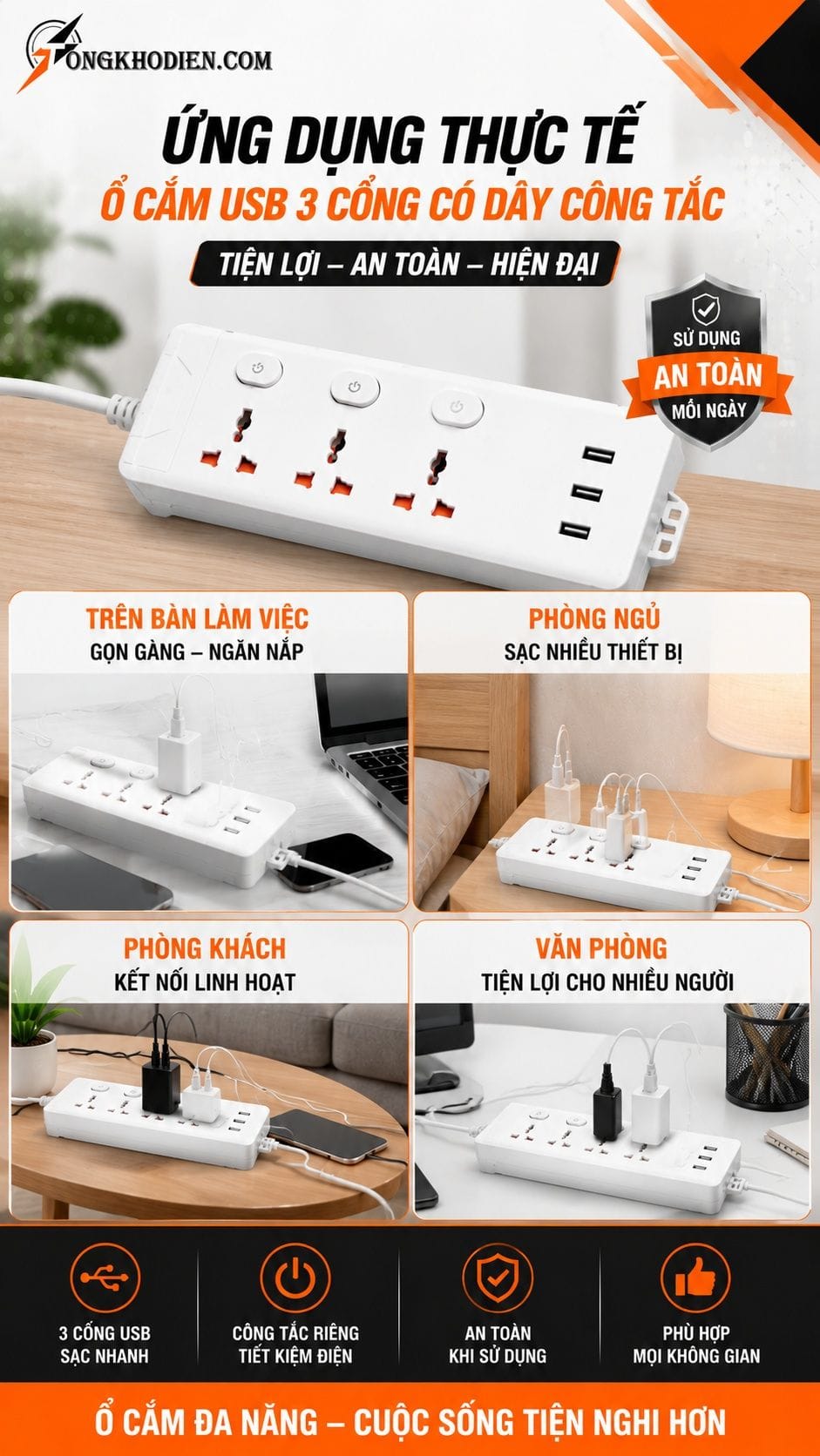 Ổ Cắm USB 3 Cổng Có Dây Công Tắc Tiện Lợi 8 Ứng dụng thực tế ổ cắm USB 3 cổng có dây công tắc