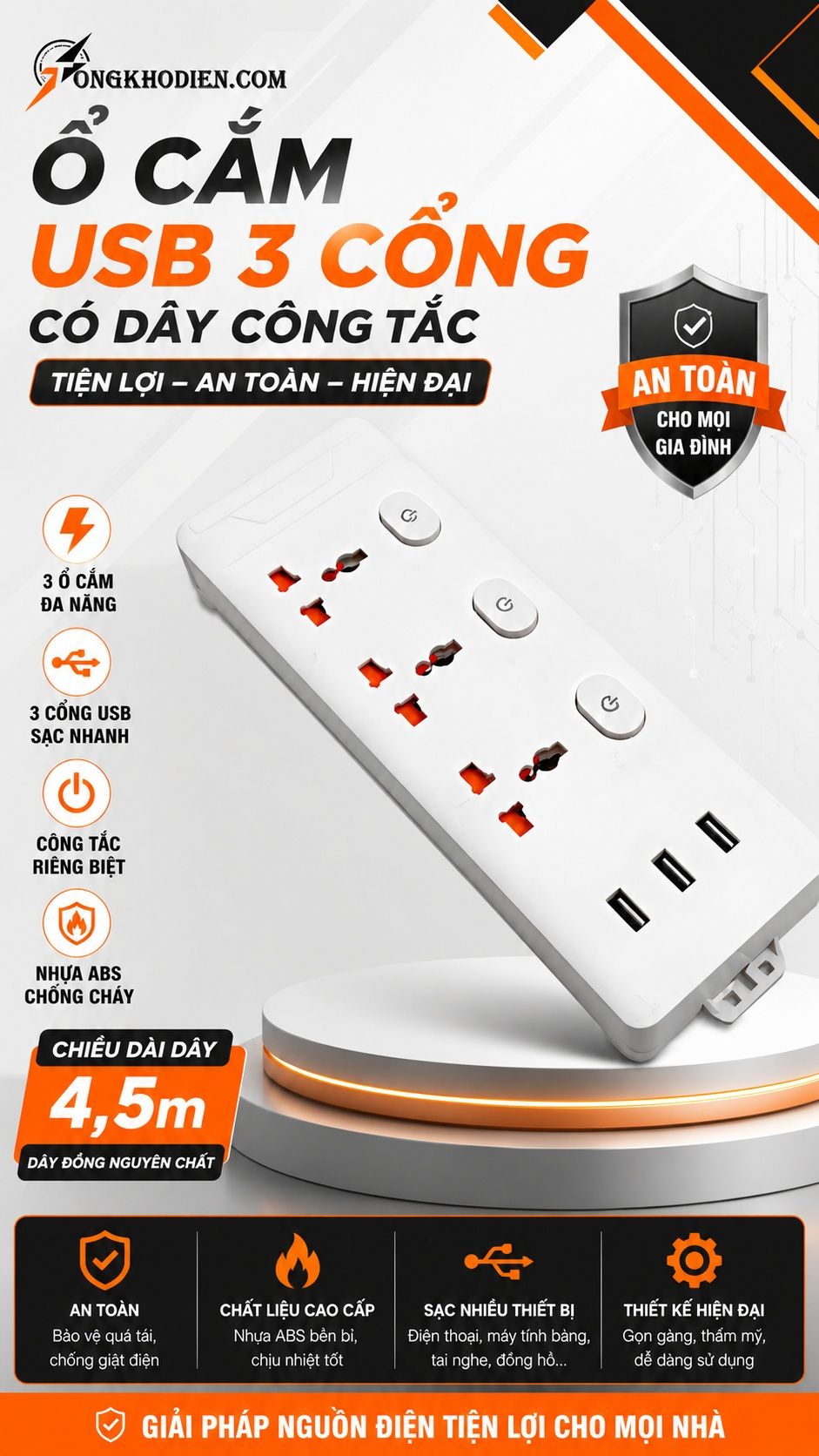 Ổ Cắm USB 3 Cổng Có Dây Công Tắc Dài 4,5m 6 Ổ cắm USB 3 cổng có dây công tắc dây dài 4.5m